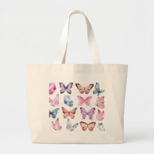 Grand Tote Bag Éléments de feuille de motif papillon pastel à l'a