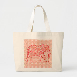 Grand Tote Bag Éléphale tourbillon fractal - corail orange et bla