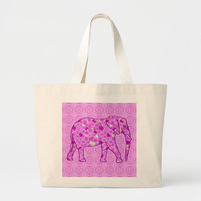 Grand Tote Bag Eléphant à fleurs - orchidée et magenta (Devant)