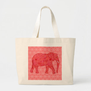 Grand Tote Bag Eléphant de fleurs - rouge profond et corail