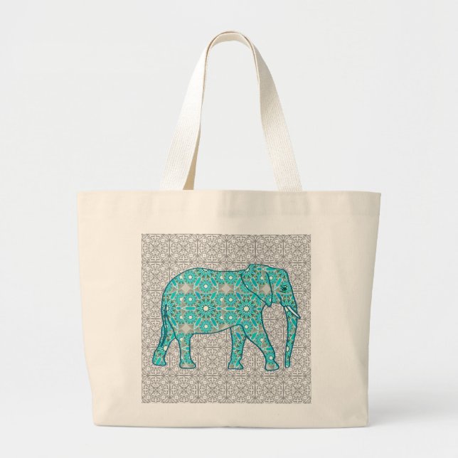 Grand Tote Bag Eléphant fleur Mandala - turquoise, gris & blanc (Devant)