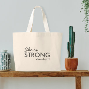 Grand Tote Bag Elle est forte   Proverbes 31:25 Foi chrétienne