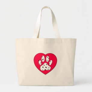 Grand Tote Bag Empreinte de patte dalmate dans le coeur rouge