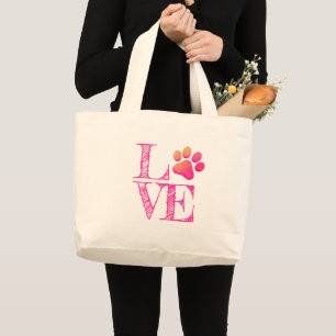 Grand Tote Bag Empreinte de patte LOVE Rose Orange Famille Animau