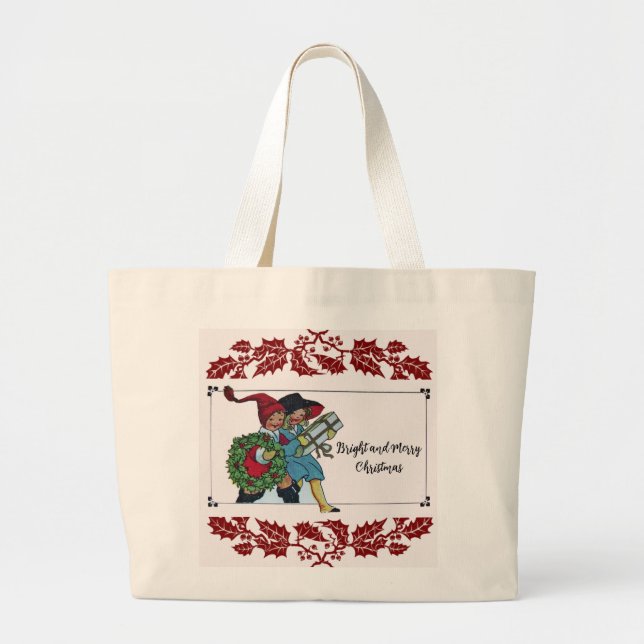 GRAND TOTE BAG ENFANTS AVEC CADEAUX DE NOËL ET FLORAUX ROUGE (Devant)