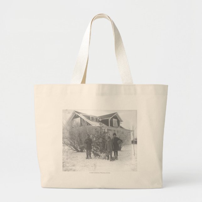 Grand Tote Bag Enfants dehors avec l'arbre de Noël (Devant)