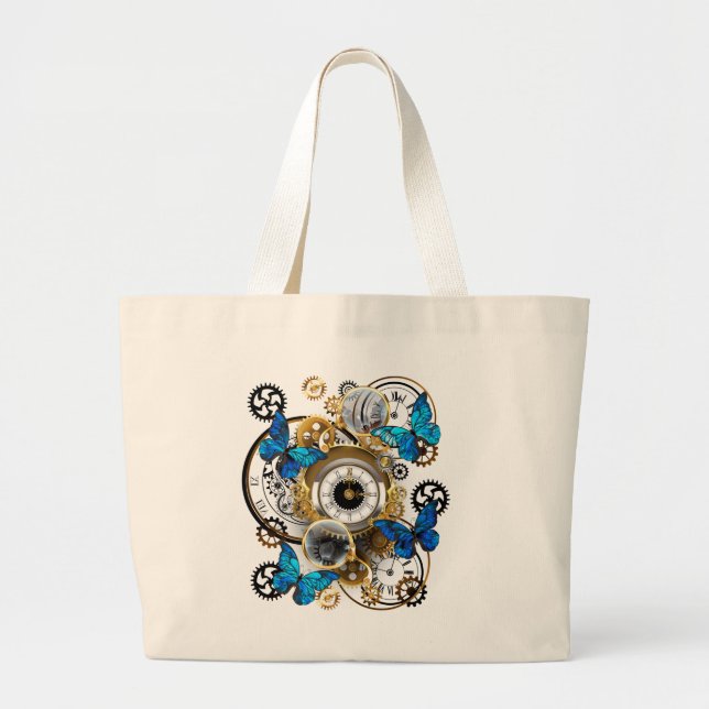 Grand Tote Bag Engrenages Steampunk et papillons bleus (Devant)