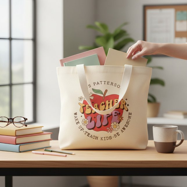 Grand Tote Bag Enseignant Vie Réveil Enseigner École Nom personna (Créateur téléchargé)