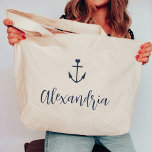 Grand Tote Bag Enterrement de vie de jeune fille personnalisé ave<br><div class="desc">Accueillez les demoiselles d'honneur et les amies à votre enterrement de vie de jeune fille sur le thème nautique ou maritime avec ces adorables sacs fourre-tout personnalisés. Le design présente une illustration de navire bleu marine surmontée d'un petit cœur, avec une ligne de texte en script cursif personnalisé en dessous....</div>