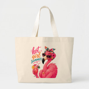 Grand Tote Bag Été de fille chaude Flamant avec des lunettes de s