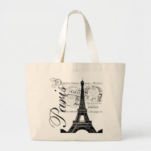 Grand Tote Bag Étiquette vintage de Paris et de Tour Eiffel