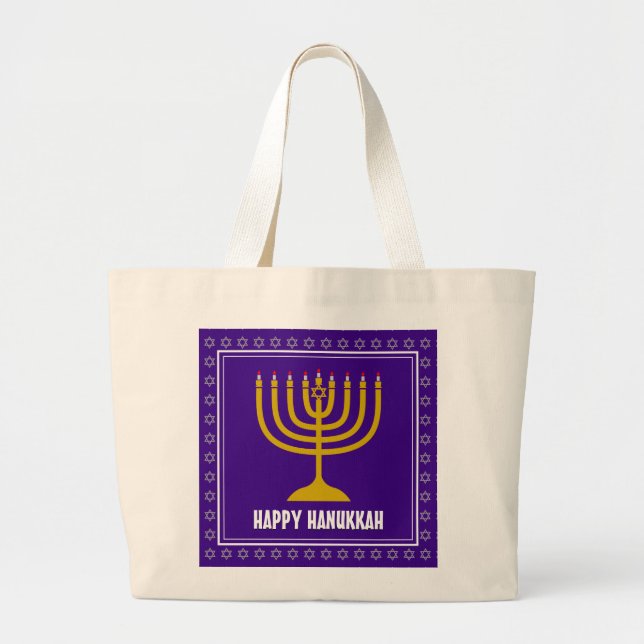 Grand Tote Bag Étoile de HANUKKAH Menorah David Personnalisé Viol (Devant)