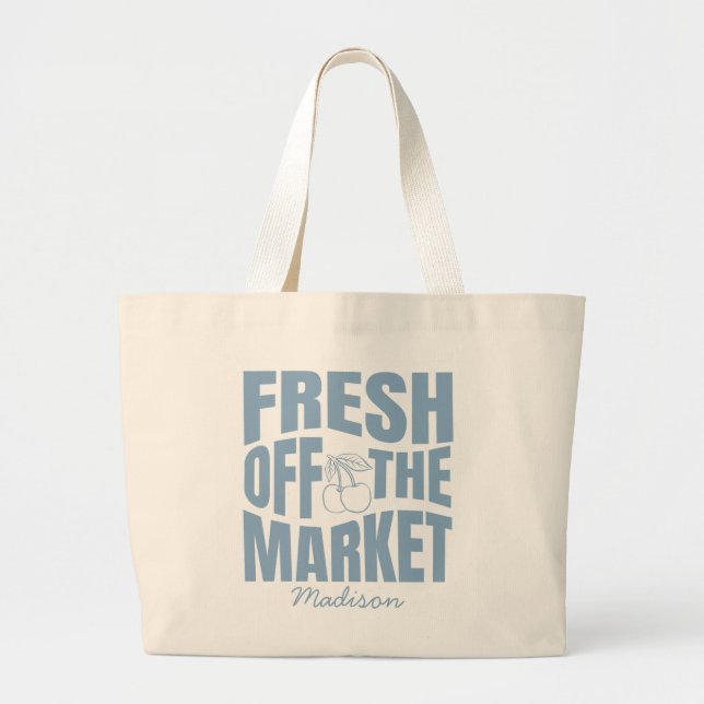 Grand Tote Bag Fantaisie Bleu Frais Du Marché Dessiné à la Main (Devant)