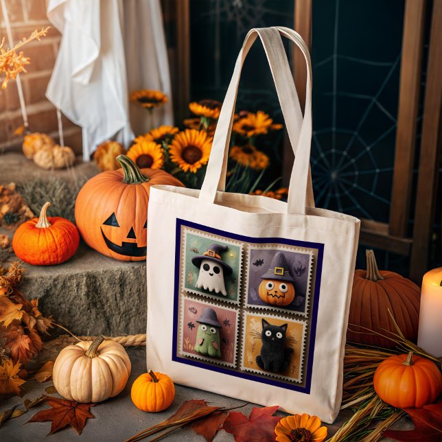Grand Tote Bag Fantôme d'Halloween mignon, Citrouille, Timbre Zom (Créateur téléchargé)