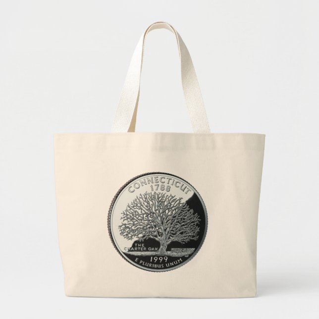 Grand Tote Bag Faux Connecticut State Quartier Charte Chêne Arbre (Devant)