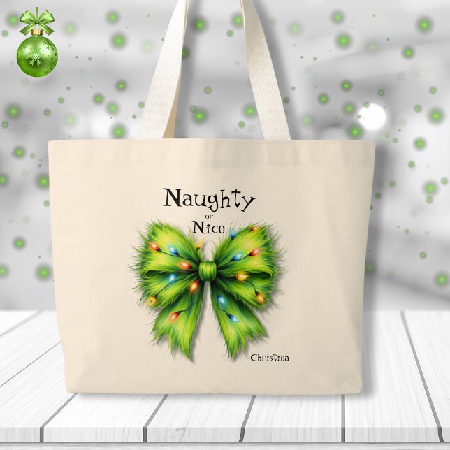 Grand Tote Bag Festive Green Furry Bow-Lights Naughty ou Nice (Créateur téléchargé)