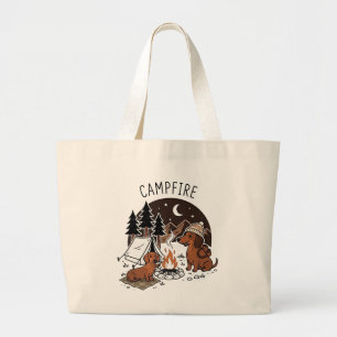 Grand Tote Bag Feu de camp Dachshund Chiens Camping Nuit