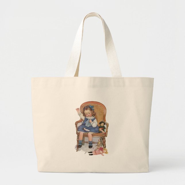 Grand Tote Bag Fille cousant des poupées (Devant)