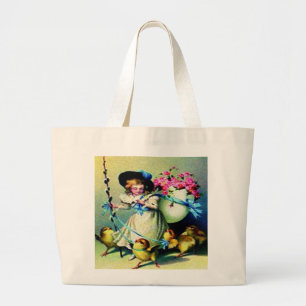 Grand Tote Bag Fille vintage de Pâques et bébés poussins