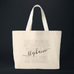 Grand Tote Bag Filles personnalisées Voyage de fin de semaine Nom<br><div class="desc">Grand Nom personnalisé Filles Week-end Voyage Sac fourre-tout personnalisé avec texte et libellé modifiables pour votre date, destination ou lieu, nom, et une citation amusante comme "besties, bourgeons et boissons" fait un souvenir amusant et utile pour vos petites amies, besties, groupe de voyage pour femmes et maman, ou demoiselles d'honneur....</div>