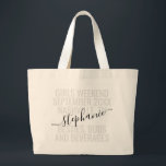Grand Tote Bag Filles personnalisées Voyage de fin de semaine Nom<br><div class="desc">Grand Nom personnalisé Filles Week-end Voyage Sac fourre-tout personnalisé avec texte et libellé modifiables pour votre date, destination ou lieu, nom, et une citation amusante comme "besties, bourgeons et boissons" fait un souvenir amusant et utile pour vos petites amies, besties, groupe de voyage pour femmes et maman, ou demoiselles d'honneur....</div>