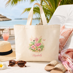 Grand Tote Bag Flamant Rose Tropical Fleuriste