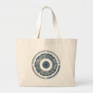Grand Tote Bag Fleur bleue blanche chinoise ronde