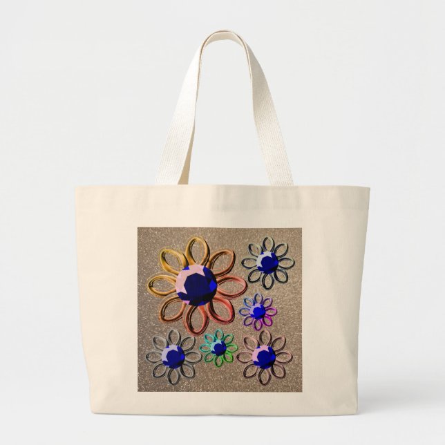 Grand Tote Bag Fleur d'argent sur la parties scintillant (Devant)