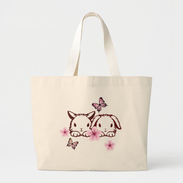 Grand Tote Bag Fleur de cerisier de lapin personnalisée (Devant)