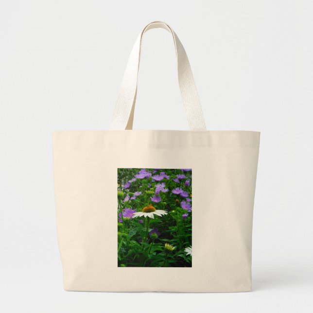 Grand Tote Bag Fleur de cône blanc, fleurs pourpres et papillon (Devant)