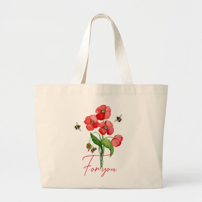 Grand Tote Bag Fleur de coquelicot et bourdons (Devant)
