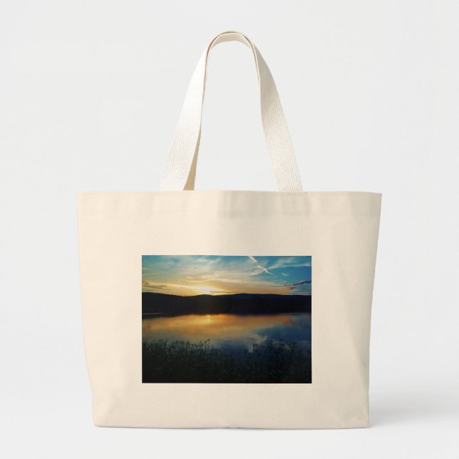 Grand Tote Bag Fleur sauvage, coucher de soleil bleu (Devant)