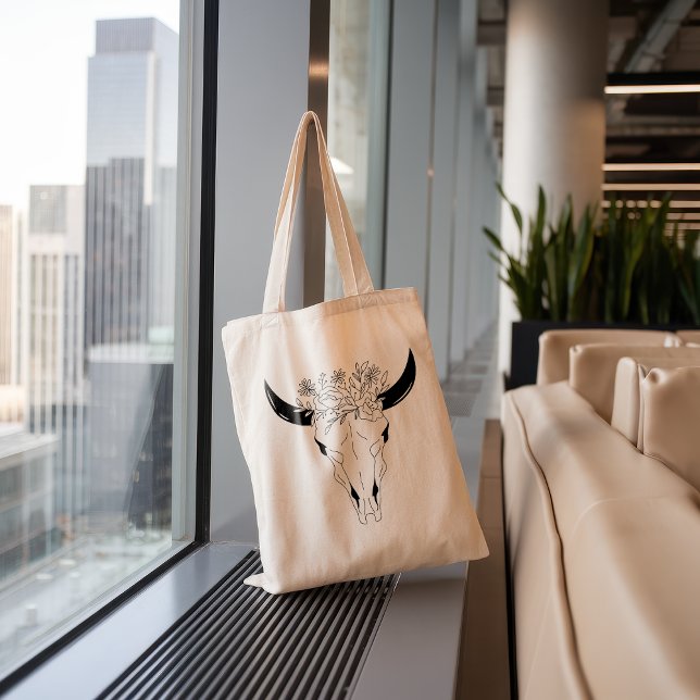 Grand Tote Bag Fleur sauvage du crâne Boho Bull (Créateur téléchargé)