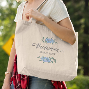 Grand Tote Bag Fleurs aquarelle bleue personnalisées pour demoise