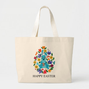 Grand Tote Bag Fleurs de printemps de lapin de Pâques colorées mi