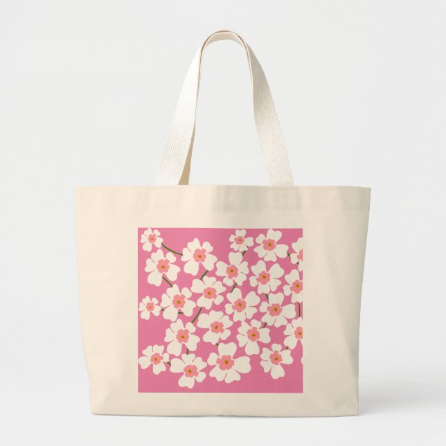 Grand Tote Bag Fleurs d'Imaginaire blanc Motif rose (Devant)
