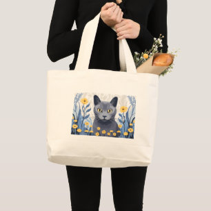 Grand Tote Bag Fleurs Jaunes Chat Bleu Russe