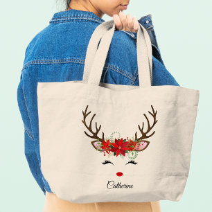 Grand Tote Bag Floral Christmas Reindeer Nom personnalisé
