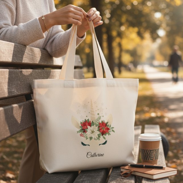 Grand Tote Bag Floral Christmas Unicorn Nom personnalisé (Créateur téléchargé)
