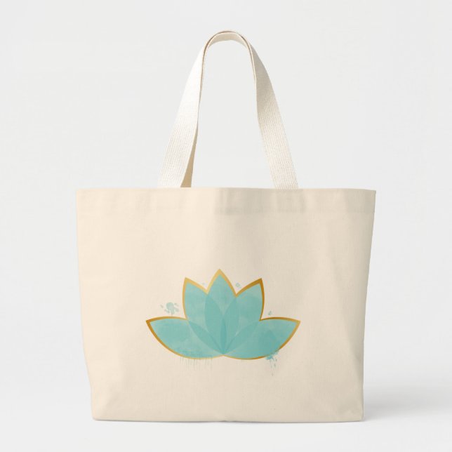 Grand Tote Bag Floral Lotus Aquarelle Mer Bleu & Faux Or (Devant)