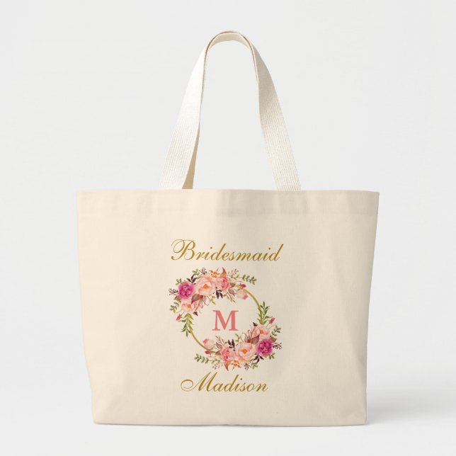 Grand Tote Bag Floral rose Blush or Monogramme Bridesmaid (Devant)
