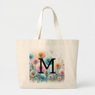 Grand Tote Bag Floral watercolor monogram pink blue dandelions