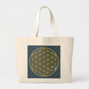 Grand Tote Bag Flower Of LIFE d'or big/darg radialement BG blue