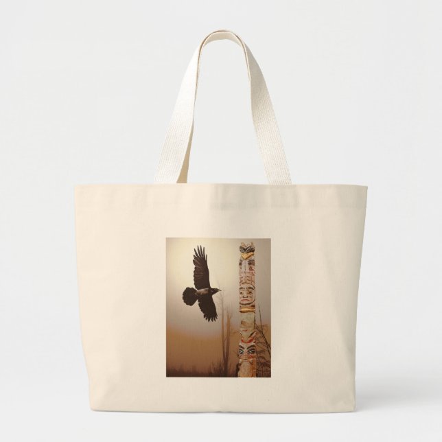 Grand Tote Bag Flying Raven & Totem-Pole Imaginaire Art (Devant)