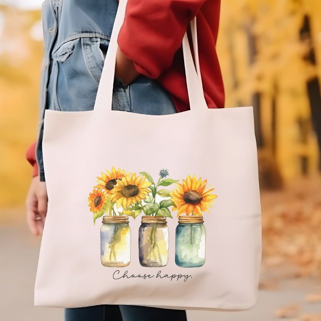 Grand Tote Bag fourre-tout de tournesol "Choisissez heureux" (Créateur téléchargé)