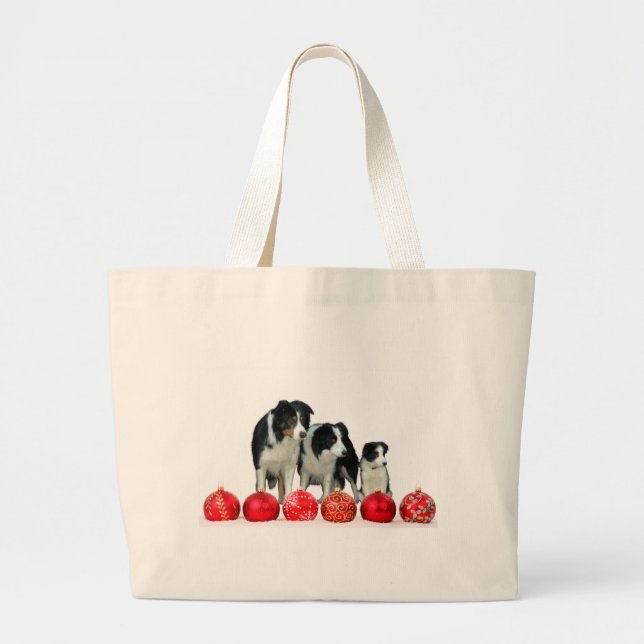 Grand Tote Bag Frontière Chiens de Collie avec des ornements roug (Devant)