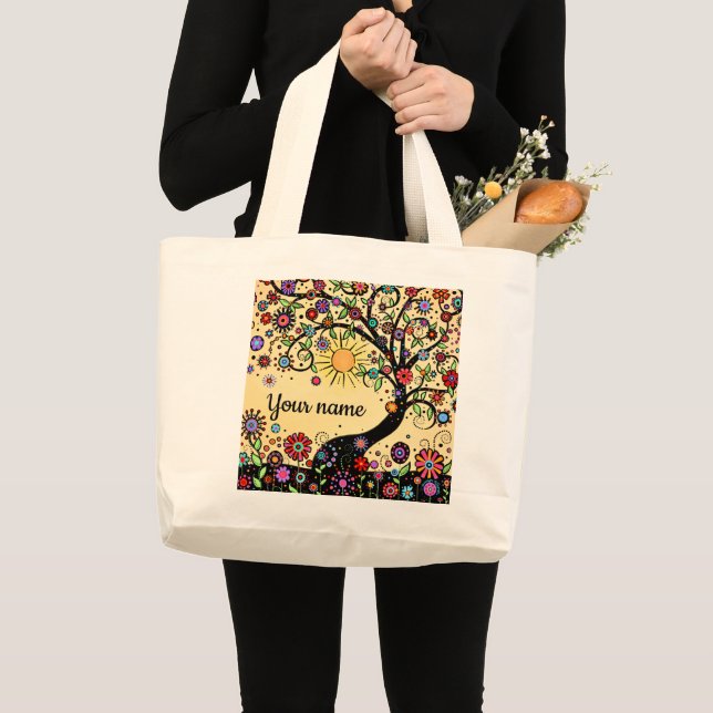 Grand Tote Bag Fun Cheery Flowers et Whimsical Tree (Devant (produit))