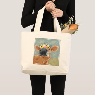 Grand Tote Bag Fun de ferme - Vache avec couronne de fleurs