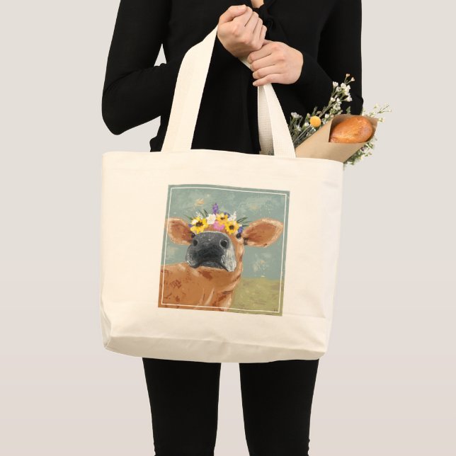 Grand Tote Bag Fun de ferme - Vache avec couronne de fleurs (Devant (produit))