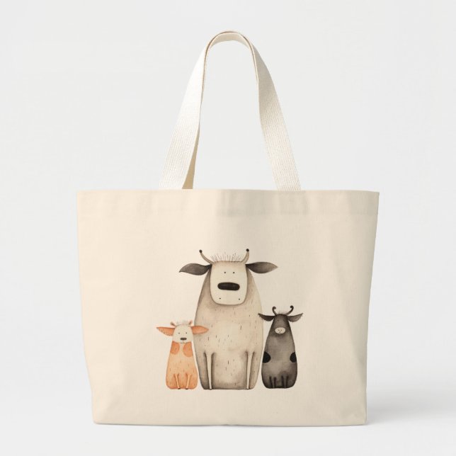 Grand Tote Bag Funny jolie vaches d'aquarelle famille ferme humou (Devant)